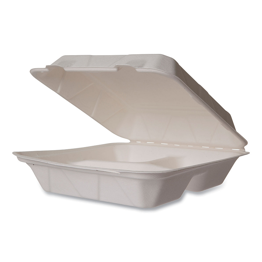 Vegware White Molded Fiber Clamshell Containers, Compostable, 3-Compartment, 9 x 18 x 2, White, Sugarcane, 200/Carton (VEGWHBRG93HW)