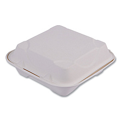 Eco-Products Vanguard Renewable and Compostable Sugarcane Clamshells, 1-Compartment, 8 x 8 x 3, White, 200/Carton (ECOEPHC81NFA)