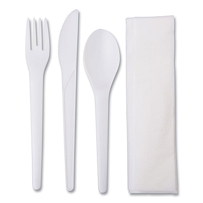 Eco-Products Plantware Compostable Cutlery Kit, Knife/Fork/Spoon/Napkin, 6", Pearl White, 250 Kits/Carton (ECOEPS015)