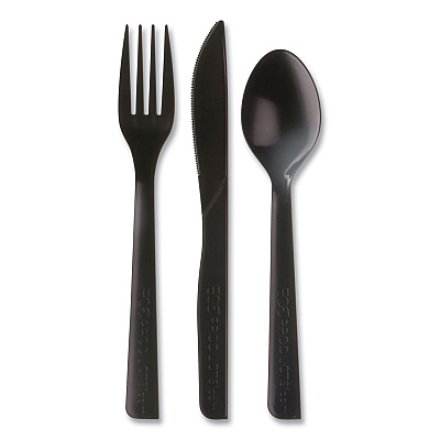 Eco-Products 100% Recycled Content Cutlery Kit, Fork/Knife/Soup Spoon/Teaspoon6", Black, 250 Kits/Carton (ECOEPS115)