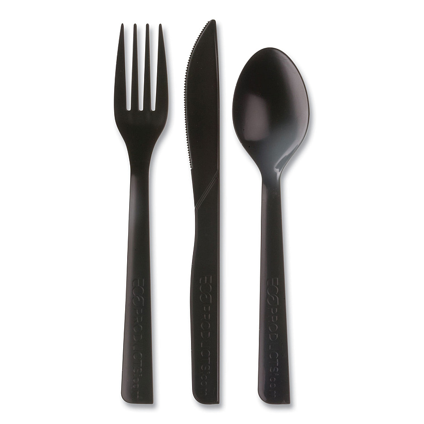 Eco-Products 100% Recycled Content Cutlery Kit, Fork/Knife/Soup Spoon/Teaspoon6", Black, 250 Kits/Carton (ECOEPS115)