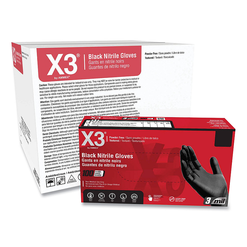 X3 by AMMEX Industrial Nitrile Gloves, Powder-Free, 3 mil, 2X-Large, Black, 100/Box, 10 Boxes/Carton (AXCBX349100)