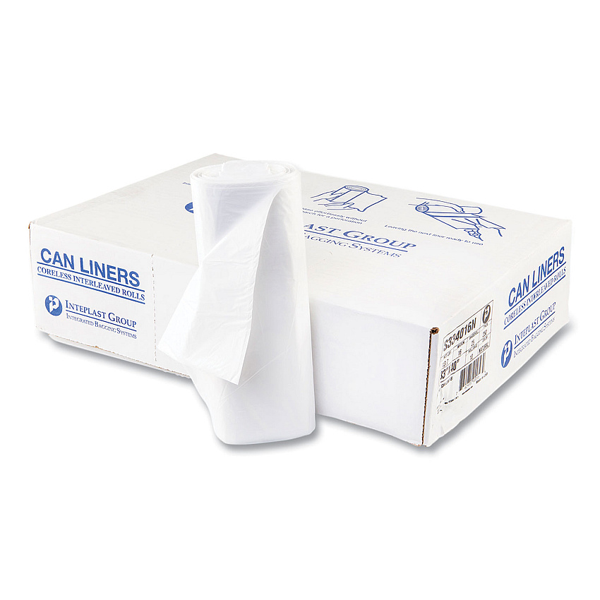 Inteplast Group High-Density Commercial Can Liners, 33 gal, 16 mic, 33" x 40", Clear, Interleaved Roll, 25 Bags/Roll, 10 Rolls/Carton (IBSS334016N)