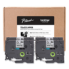 Brother TZe Series Standard Adhesive Laminated Labeling Tape, 0.5", Black on White, 4/Pack (BRTTZE2314PKB)