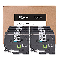 Brother TZe Series Standard Adhesive Laminated Labeling Tape, 0.5", Black on White, 10/Pack (TZE23110PKB)