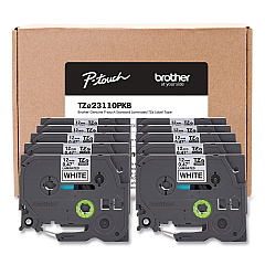 Brother TZe Series Standard Adhesive Laminated Labeling Tape, 0.5", Black on White, 10/Pack (TZE23110PKB)
