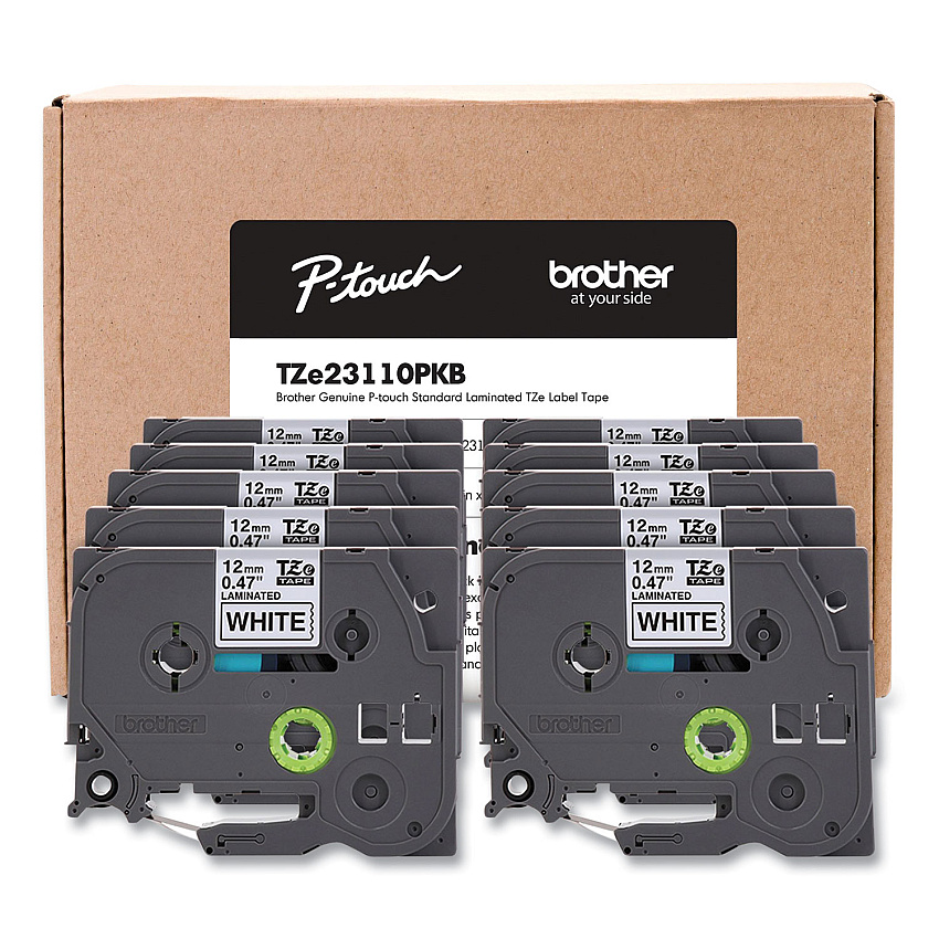Brother TZe Series Standard Adhesive Laminated Labeling Tape, 0.5", Black on White, 10/Pack (TZE23110PKB)
