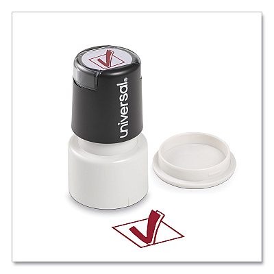 Universal Round Message Stamp, CHECK MARK, Pre-Inked/Re-Inkable, Red (UNV10075)