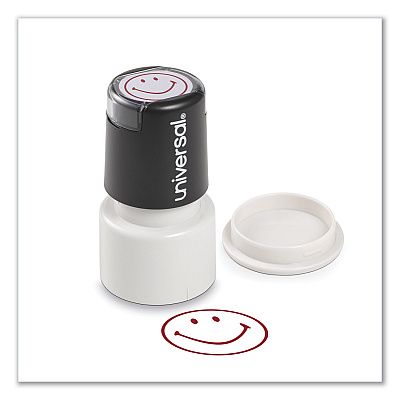Universal Round Message Stamp, SMILEY FACE, Pre-Inked/Re-Inkable, Red (UNV10080)