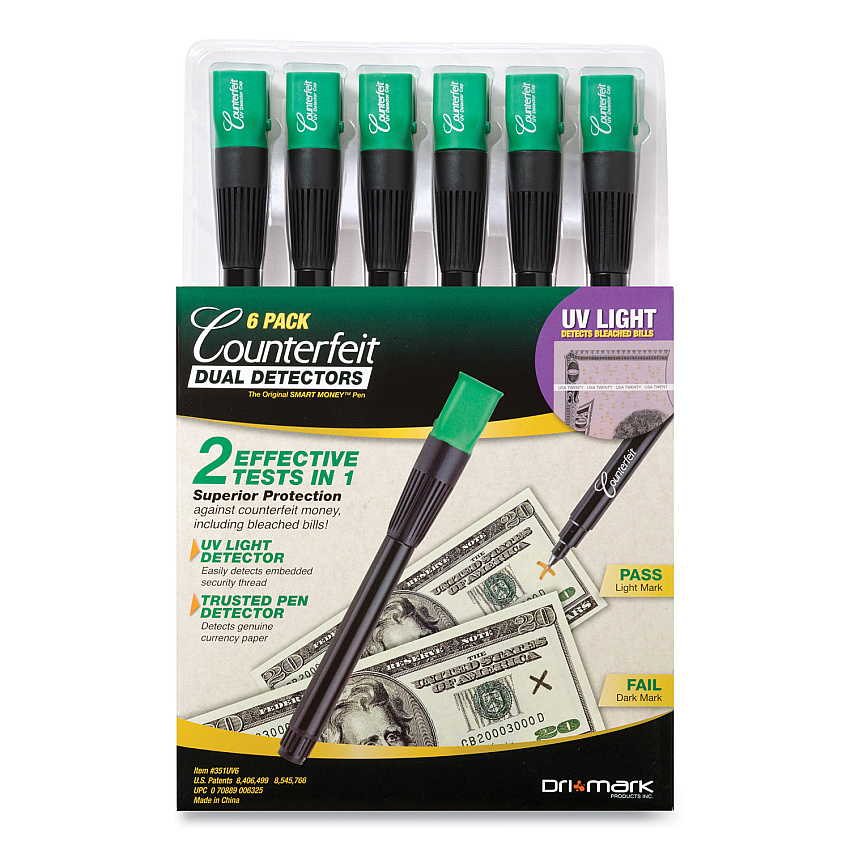 Dri-Mark Counterfeit Money Detection System, UV Light; Watermark Detector; Color Change Ink, U.S. Currency, 0.8 x 0.8 x 6, Black/Green (DRI351UV6)