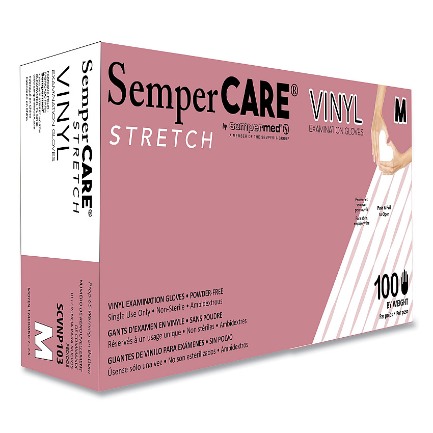 SemperCare Stretch Vinyl Examination Gloves, Cream, Medium, 100/Box, 10 Boxes/Carton (SEZSCVNP103)