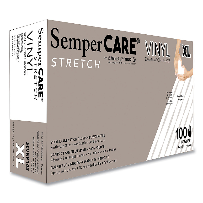 SemperCare Stretch Vinyl Examination Gloves, Cream, X-Large, 100/Box (SEZSCVNP105BX)