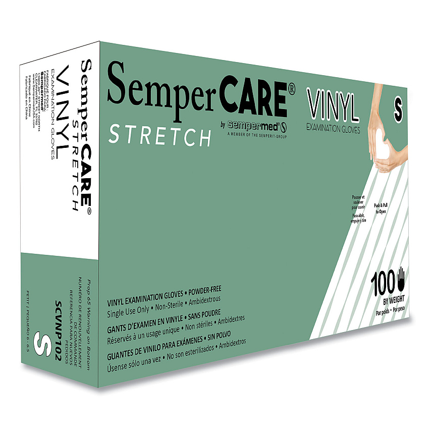 SemperCare Stretch Vinyl Examination Gloves, Cream, Small, 100/Box (SEZSCVNP102BX)