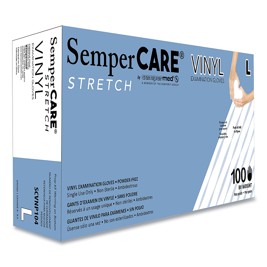 SemperCare Stretch Vinyl Examination Gloves, Cream, Large, 100/Box (SEZSCVNP104BX)