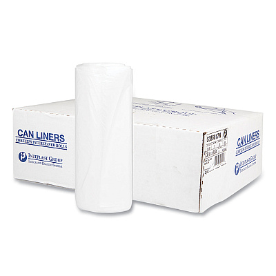 Inteplast Group High-Density Commercial Can Liners, 60 gal, 17 mic, 38" x 60", Clear, Interleaved Roll, 25 Bags/Roll, 8 Rolls/Carton (IBSS386017N)