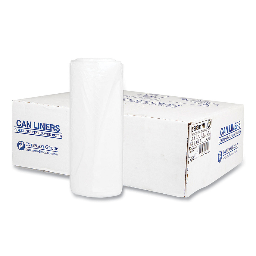 Inteplast Group High-Density Commercial Can Liners, 60 gal, 17 mic, 38" x 60", Clear, Interleaved Roll, 25 Bags/Roll, 8 Rolls/Carton (IBSS386017N)