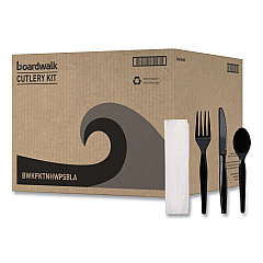 Boardwalk Four-Piece Cutlery Kit, Fork/Knife/Napkin/Teaspoon, Heavyweight, Black, 250/Carton (BWKFKTNHWPSBLA)