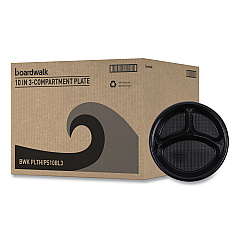 Boardwalk Hi-Impact Plastic Dinnerware, 3-Compartment Plate, 10" dia, Black, 125/Sleeve, 4 Sleeves/Carton (BWKPLTHIPS10BL3)