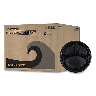 Boardwalk Hi-Impact Plastic Dinnerware, 3-Compartment Plate, 10" dia, Black, 125/Sleeve, 4 Sleeves/Carton (BWKPLTHIPS10BL3)