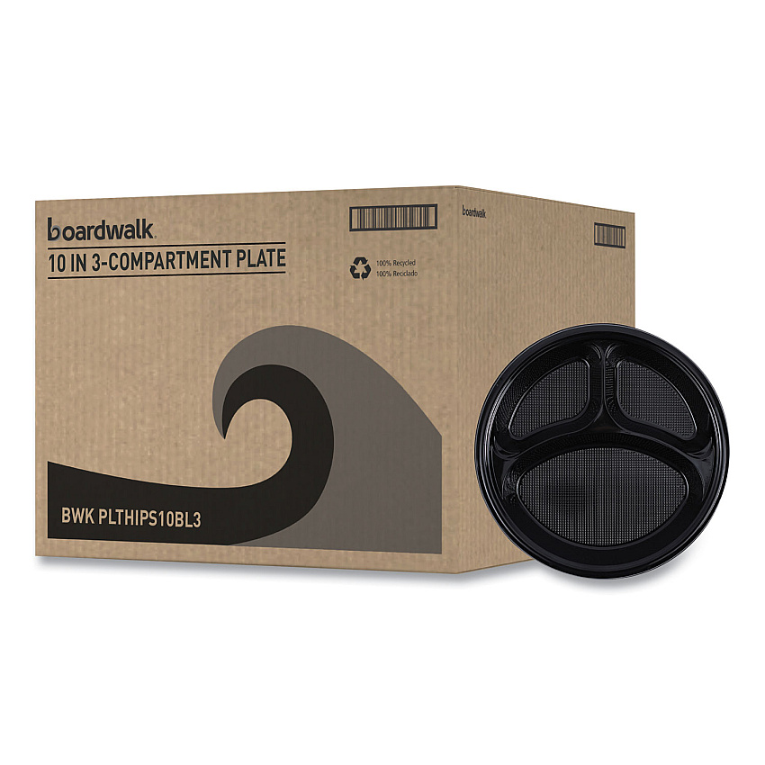 Boardwalk Hi-Impact Plastic Dinnerware, 3-Compartment Plate, 10" dia, Black, 125/Sleeve, 4 Sleeves/Carton (BWKPLTHIPS10BL3)