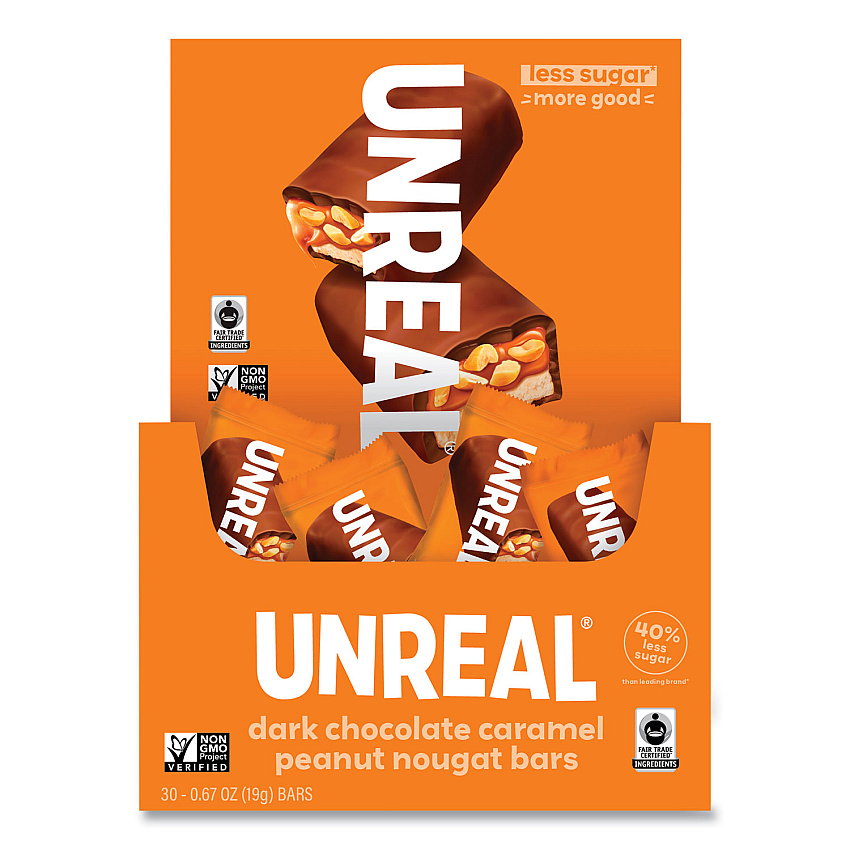 UNREAL Dark Chocolate Caramel Peanut Nougat Bars, 0.67 oz Individually Wrapped, 40/Pack (GRR22002090)