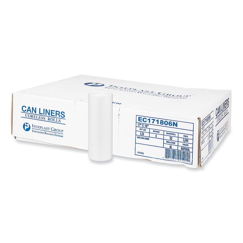 Inteplast Group High-Density Commercial Can Liners, 4 gal, 6 mic, 17" x 18", Clear, Perforated Roll, 50 Bags/Roll, 40 Rolls/Carton (IBSEC171806N)