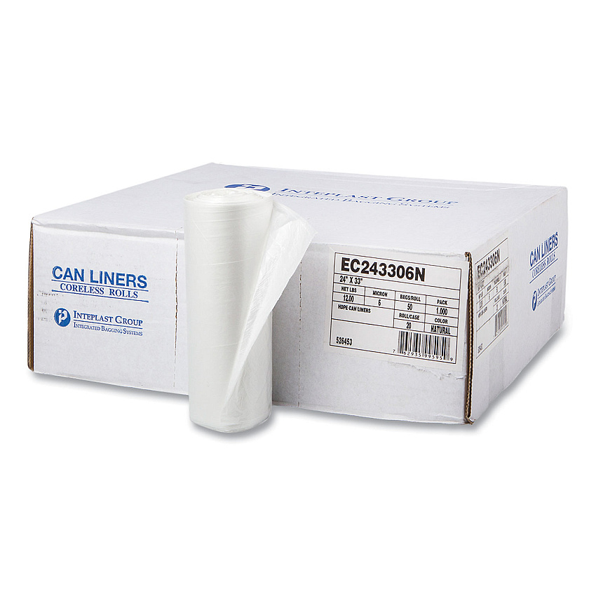 Inteplast Group High-Density Commercial Can Liners, 16 gal, 6 mic, 24" x 33", Natural, Perforated Roll, 50 Bags/Roll, 20 Rolls/Carton (IBSEC243306N)