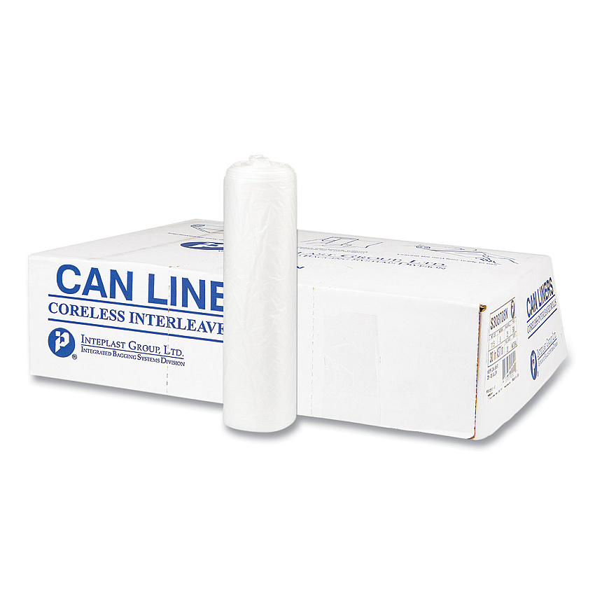 Inteplast Group High-Density Commercial Can Liners, 10 gal, 8 mic, 24" x 24", Natural, Interleaved Roll, 50 Bags/Roll, 20 Rolls/Carton (IBSS242408N)