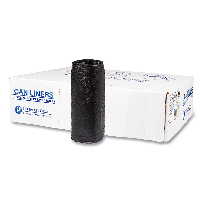 Inteplast Group High-Density Commercial Can Liners, 16 gal, 8 mic, 24" x 33", Black, Interleaved Roll, 50 Bags/Roll, 20 Rolls/Carton (IBSS243308K)