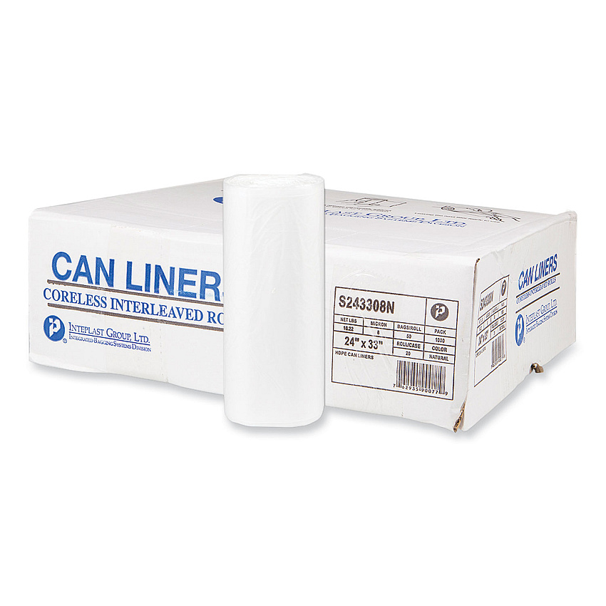 Inteplast Group High-Density Commercial Can Liners, 16 gal, 8 mic, 24" x 33", Natural, Interleaved Roll, 50 Bags/Roll, 20 Rolls/Carton (IBSS243308N)