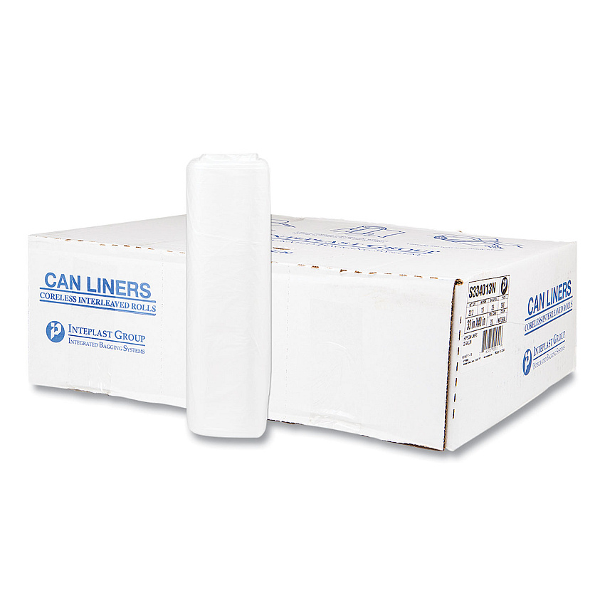 Inteplast Group High-Density Commercial Can Liners, 33 gal, 13 mic, 33" x 40", Clear, Interleaved Roll, 25 Bags/Roll, 20 Rolls/Carton (IBSS334013N)