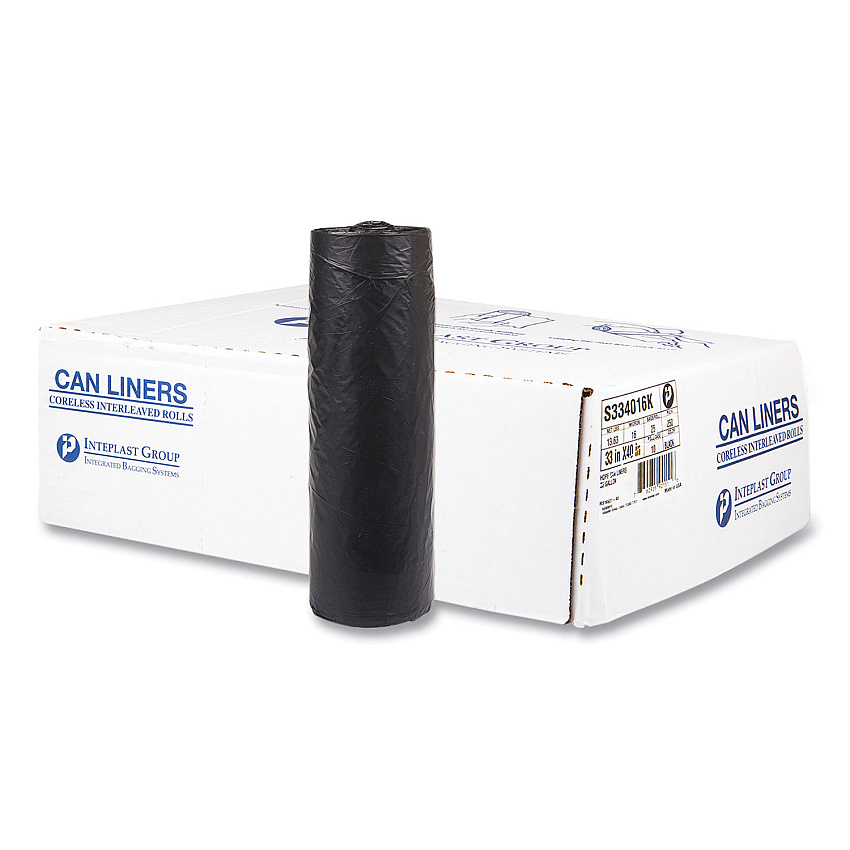 Inteplast Group High-Density Commercial Can Liners, 33 gal, 16 mic, 33" x 40", Black, Interleaved Roll, 25 Bags/Roll, 10 Rolls/Carton (IBSS334016K)
