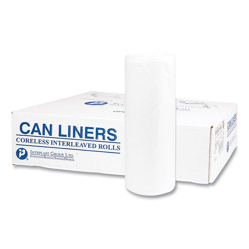 Inteplast Group High-Density Commercial Can Liners, 55 gal, 14 mic, 36" x 60", Clear, Interleaved Roll, 25 Bags/Roll, 8 Rolls/Carton (IBSS366014N)