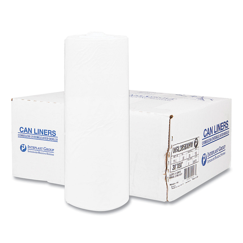 Inteplast Group High-Density Commercial Can Liners, 55 gal, 17 mic, 36" x 60", Clear, Interleaved Roll, 25 Bags/Roll, 8 Rolls/Carton (IBSS366017N)