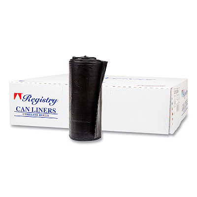 Inteplast Group High-Density Commercial Can Liners, 60 gal, 17 mic, 38" x 60", Black, Interleaved Roll, 25 Bags/Roll, 8 Rolls/Carton (IBSS386017K)