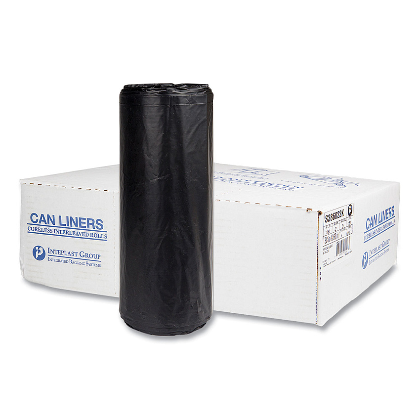 Inteplast Group High-Density Commercial Can Liners, 60 gal, 22 mic, 38" x 60", Black, Interleaved Roll, 25 Bags/Roll, 6 Rolls/Carton (IBSS386022K)