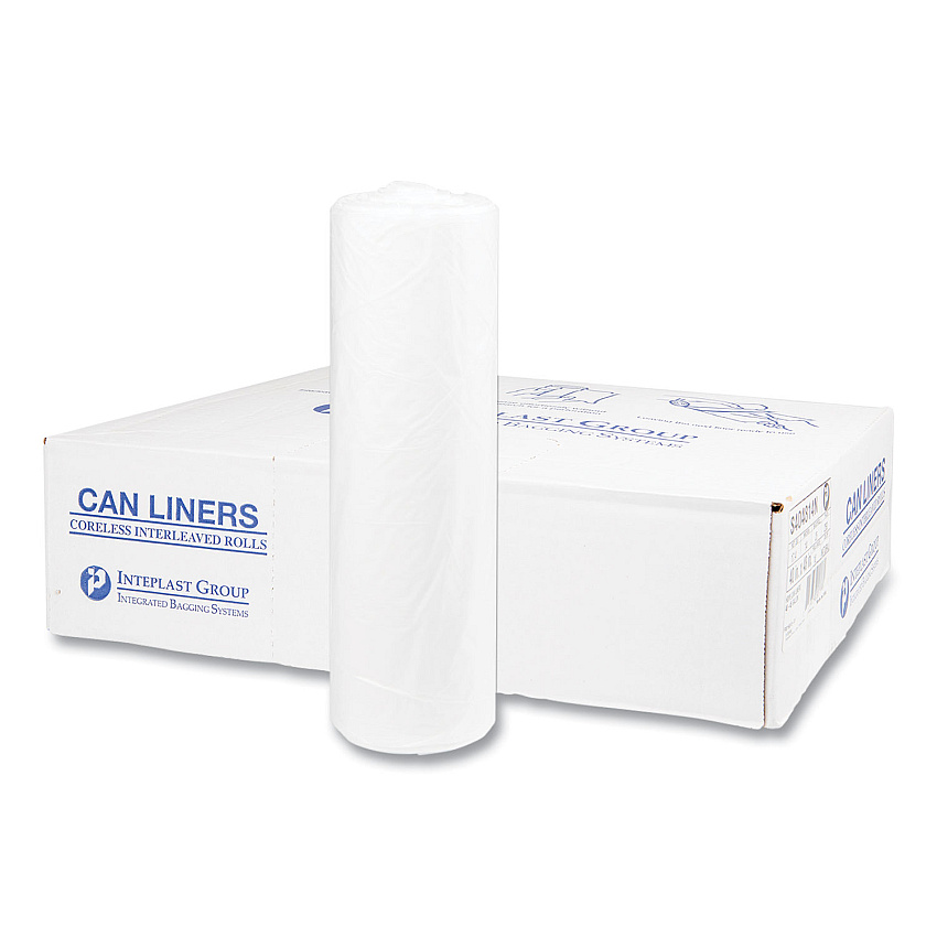 Inteplast Group High-Density Commercial Can Liners, 45 gal, 14 mic, 40" x 48", Clear, Interleaved Roll, 25 Bags/Roll, 10 Rolls/Carton (IBSS404814N)