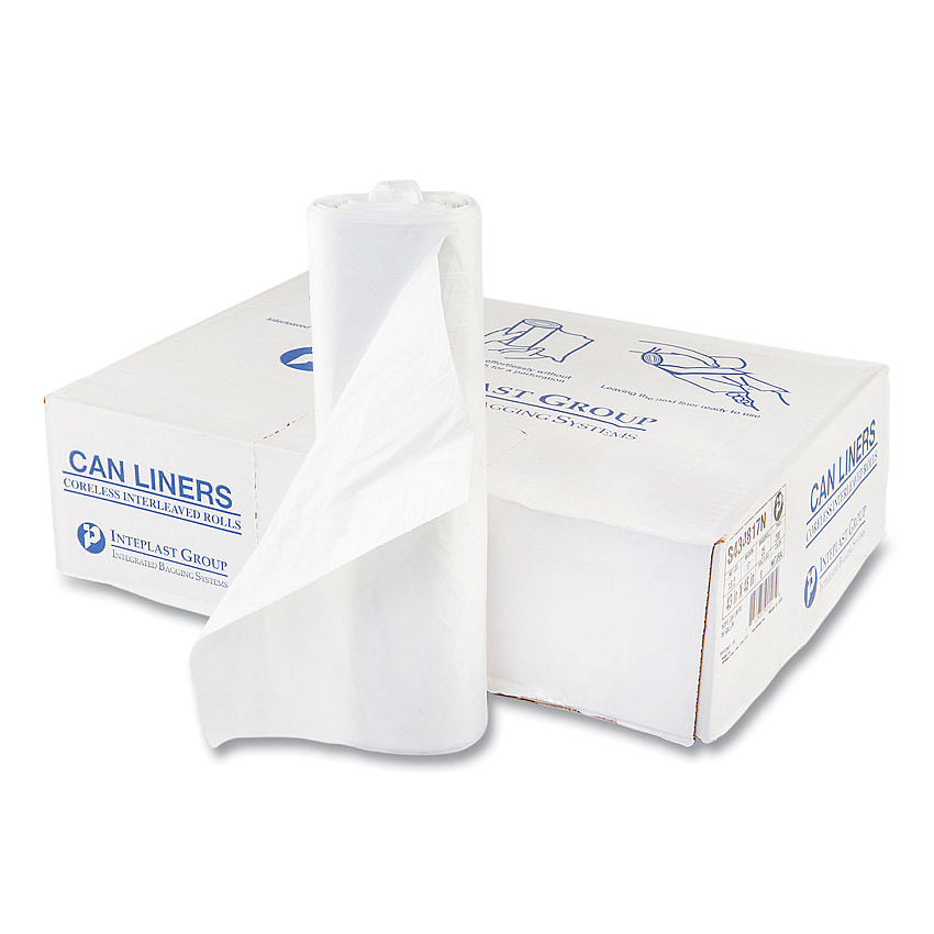 Inteplast Group High-Density Commercial Can Liners, 60 gal, 17 mic, 43" x 48", Clear, Interleaved Roll, 25 Bags/Roll, 8 Rolls/Carton (IBSS434817N)