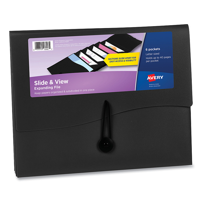 Avery Slide and View Expanding File, 6 Sections, Hook/Loop Closure, Letter Size, Black (AVE73542)