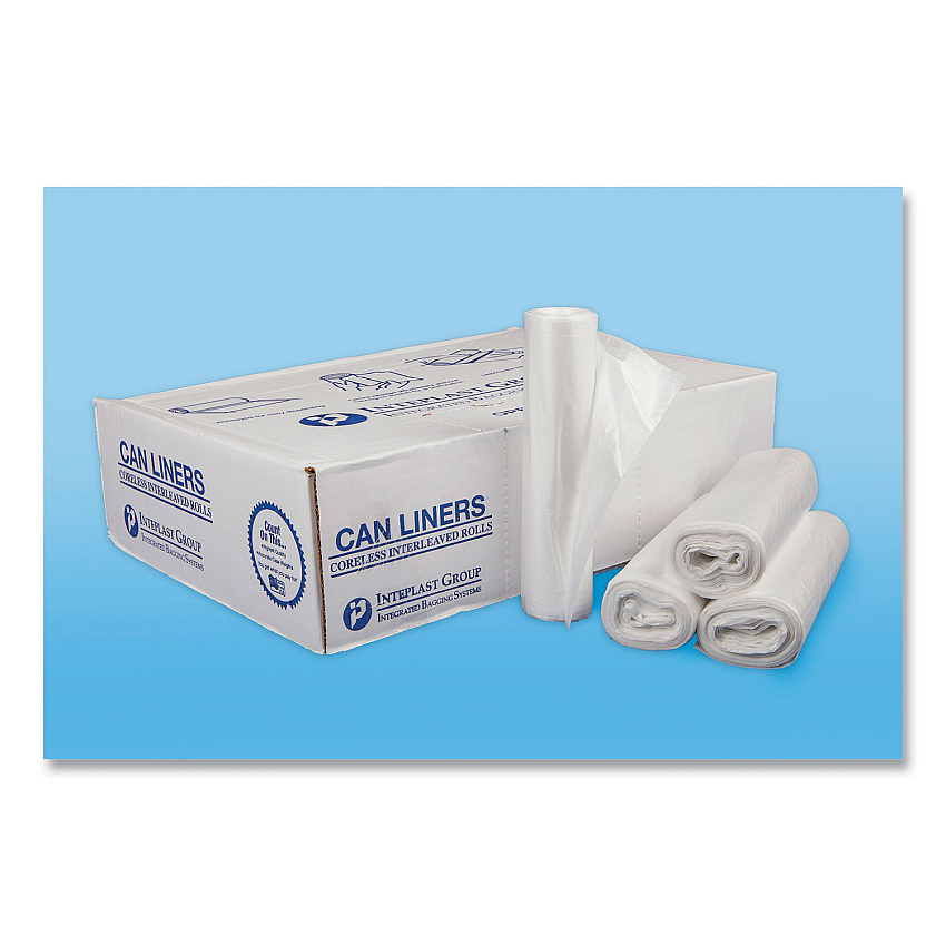 Inteplast Group High-Density Commercial Can Liners, 30 gal, 13 mic, 30" x 37", Clear, Interleaved Roll, 25 Bags/Roll, 20 Rolls/Carton (IBSS303713N)