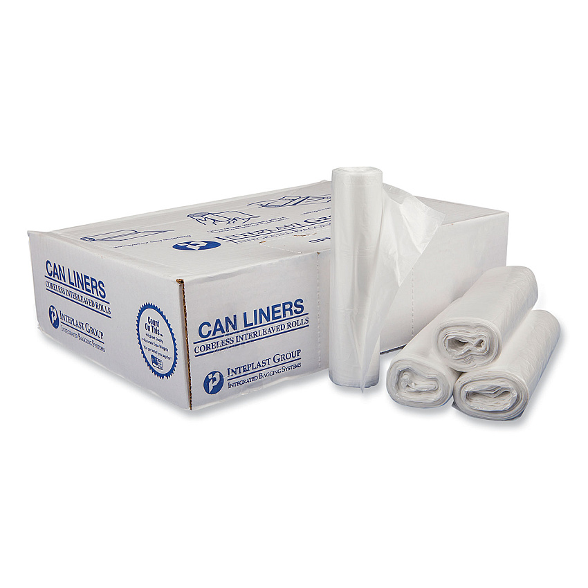 Inteplast Group High-Density Commercial Can Liners, 30 gal, 16 mic, 30" x 37", Clear, Interleaved Roll, 25 Bags/Roll, 20 Rolls/Carton (IBSS303716N)