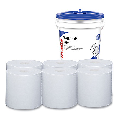 WypAll Power Clean Wipers for WetTask Customizable Wet Wiping System with (1) Bucket, 6 x 12, Unscented, 95/Roll, 6 Rolls/Carton (KCC06001)