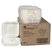 Pactiv Evergreen EarthChoice PFAS Free Compostable Hinged Lid Container, 3-Compartment, 8 x 8 x 3, Natural, Sugarcane, 150/Carton (PCTYMCH0803PFFR)