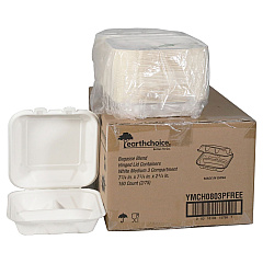 Pactiv Evergreen EarthChoice PFAS Free Compostable Hinged Lid Container, 3-Compartment, 8 x 8 x 3, Natural, Sugarcane, 150/Carton (PCTYMCH0803PFFR)