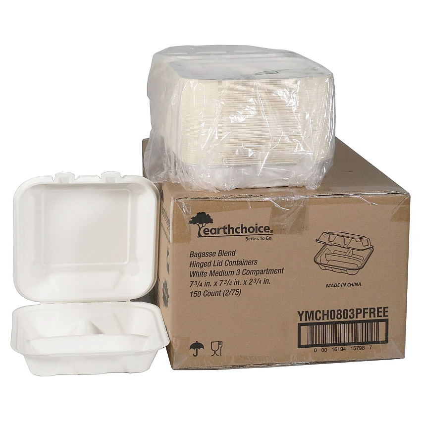 Pactiv Evergreen EarthChoice PFAS Free Compostable Hinged Lid Container, 3-Compartment, 8 x 8 x 3, Natural, Sugarcane, 150/Carton (PCTYMCH0803PFFR)