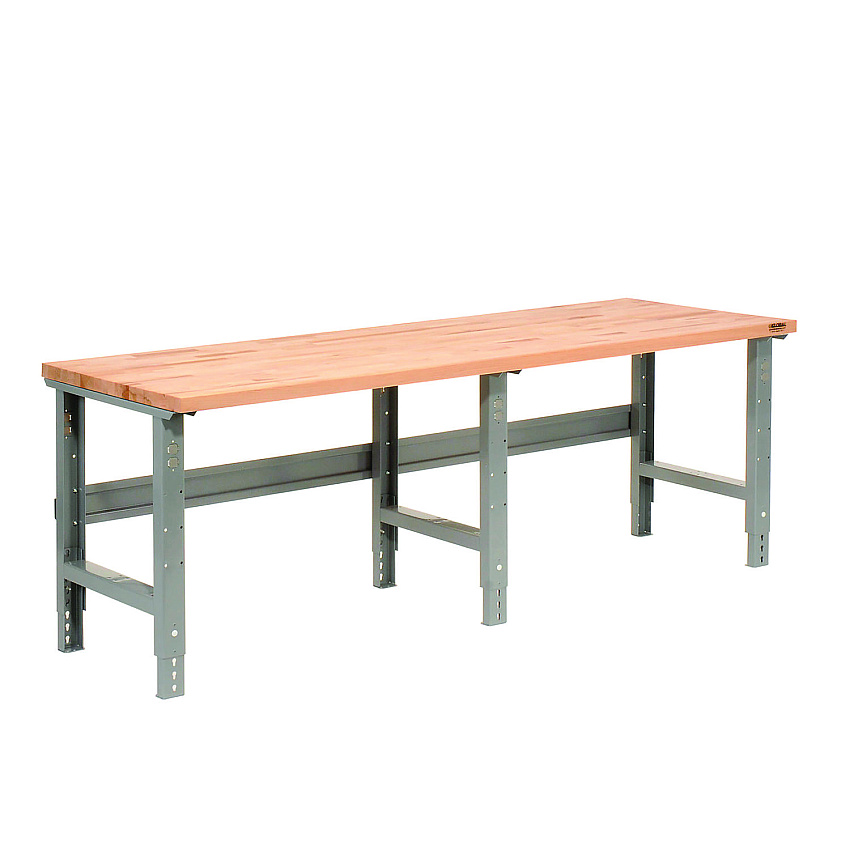 Global Industrial Standard Duty Butcher Block Top Adjustable Height Workbench, 2,000 lbs, 96 x 36 x 30.88 to 36.88, Maple/Gray (GBE183179)