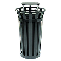Global Industrial Outdoor Slatted Steel Trash Can, Rain Bonnet Lid, 24 gal, Black (GBE260803BK)