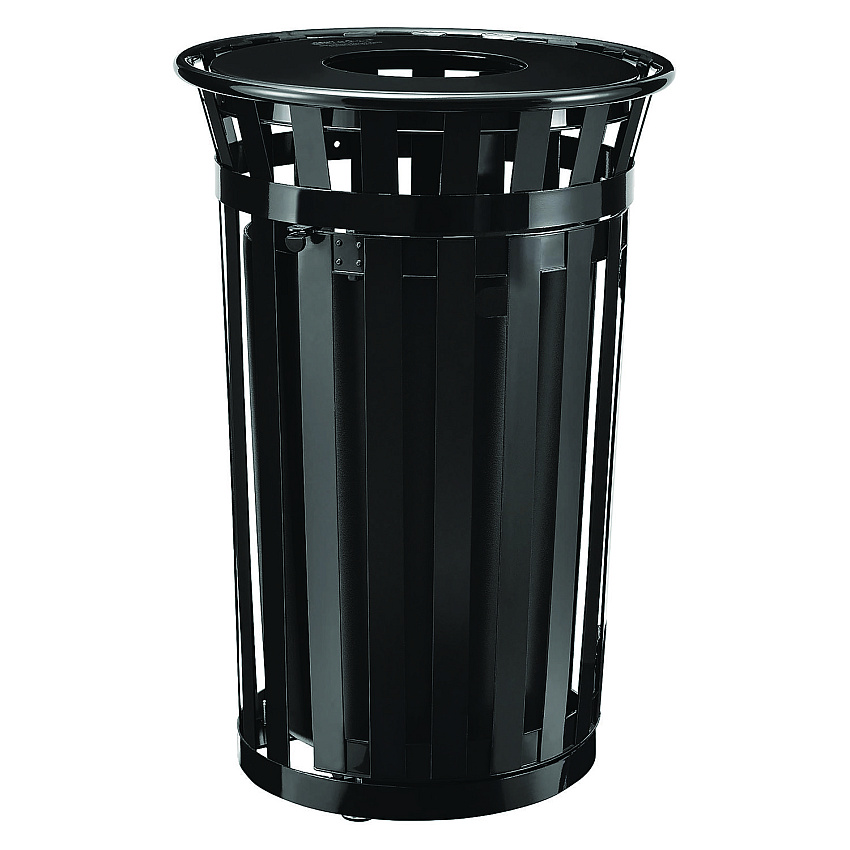 Global Industrial Outdoor Slatted Steel Trash Can, With Access Door, 36 gal, Steel Black (GBE261940BK)