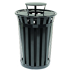 Global Industrial Outdoor Slatted Steel Trash Can, Rain Bonnet Lid, 36 gal, Black (GBE260804BK)