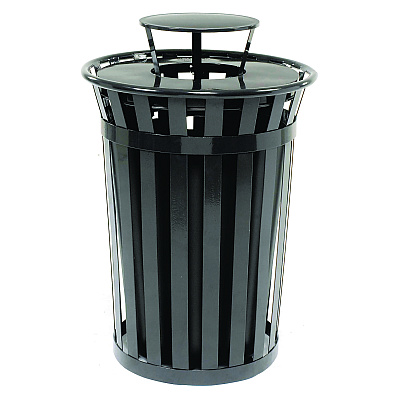 Global Industrial Outdoor Slatted Steel Trash Can, Rain Bonnet Lid, 36 gal, Black (GBE260804BK)